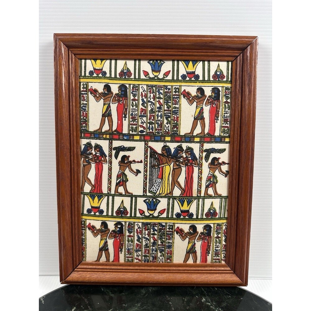 Vintage 70’s Egyptian Revival Framed Textile Art Hieroglyphic Scene Wall Decor